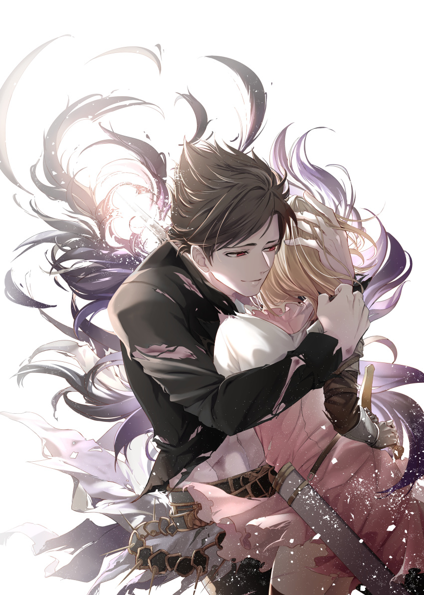 1boy absurdres backlighting belial_(granblue_fantasy) belt black_hair black_pants black_shirt black_thighhighs blonde_hair closed_mouth cowboy_shot djeeta_(granblue_fantasy) dress female fighter_(granblue_fantasy) gloves granblue_fantasy hand_on_another's_head highres hug injury looking_at_another marorincho messy_hair pants pink_dress red_eyes scabbard sheath shirt short_dress short_hair simple_background smile stab standing sword thighhighs torn_clothes weapon white_background zettai_ryouiki