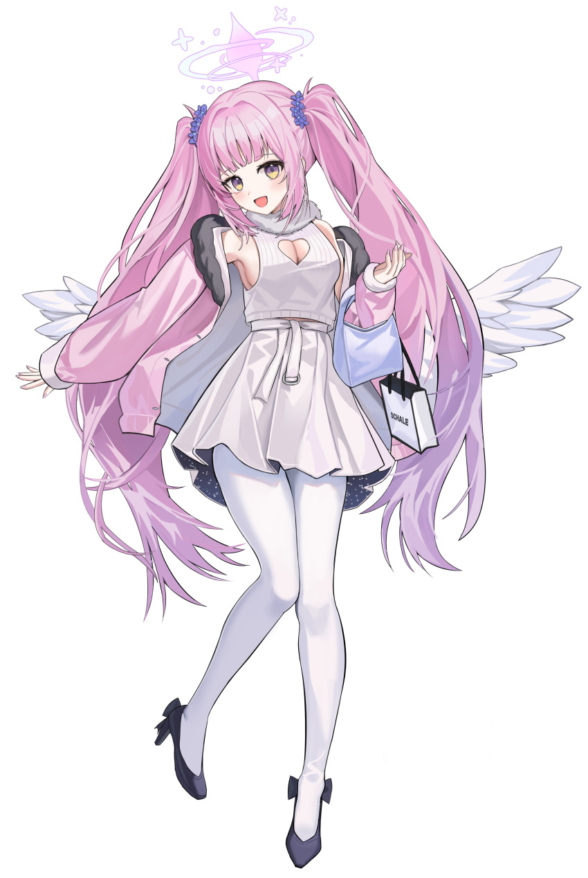 absurdres alternate_costume alternate_hairstyle angel_wings black_footwear blue_archive blush breasts cleavage dress feathered_wings female full_body halo high_heels highres iv_(iv70311741) jacket large_breasts long_hair mika_(blue_archive) open_clothes open_jacket open_mouth pantyhose pink_hair pink_halo pink_jacket simple_background smile solo standing two_side_up white_background white_dress white_pantyhose white_wings wings yellow_eyes