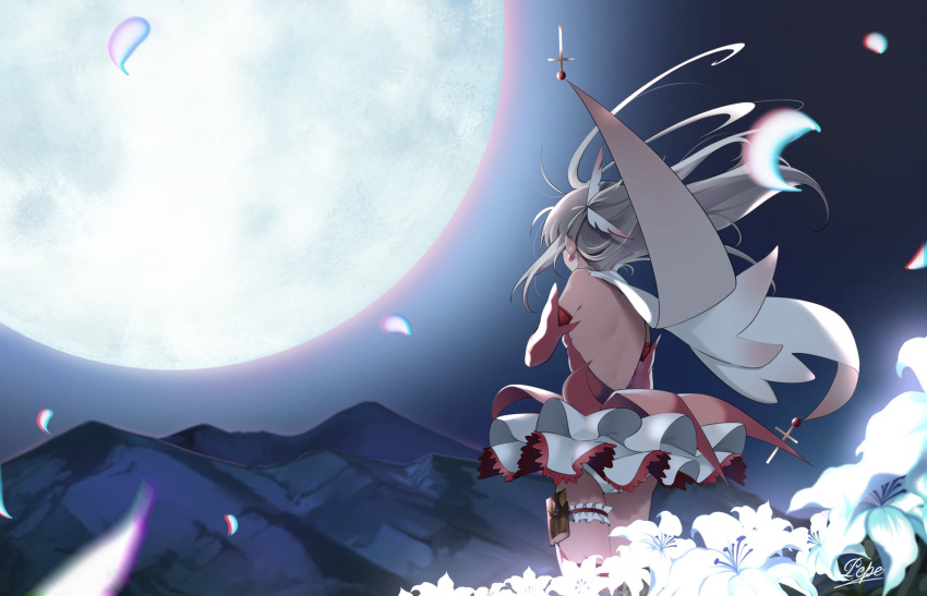 back bare_shoulders boots breasts bridal_garter cape card_holster dress elbow_gloves fate/kaleid_liner_prisma_illya fate_(series) feather_hair_ornament feathers female field flower flower_field full_moon gloves hair_ornament highres illyasviel_von_einzbern long_hair moon mountain night night_sky pei_iriya petals pink_dress pink_footwear pink_gloves prisma_illya skirt sky small_breasts solo thigh_boots two_side_up white_cape white_hair white_skirt