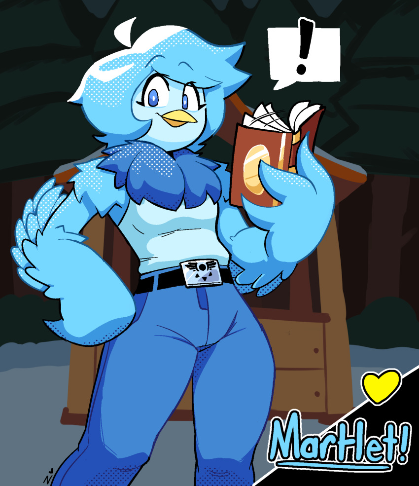 anthro avian beak bird blue_eyes blue_hair book bottomwear clothed clothing denim denim_bottomwear denim_clothing female hair hi_res jeans martlet_(undertale_yellow) neck_tuft pants solo standing tuft undertale undertale_(series) undertale_yellow wings zepiereite