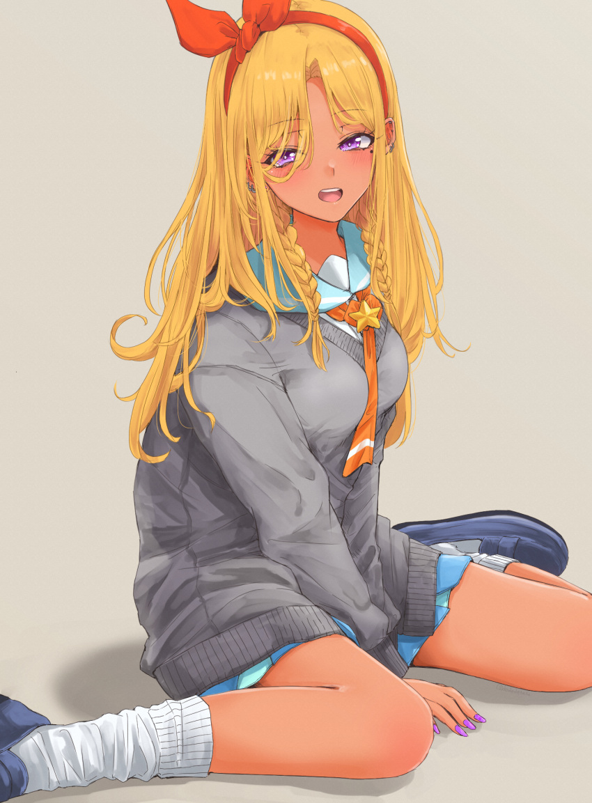 amamiya_elena blonde_hair blue_footwear blue_skirt braid breasts cardigan commentary_request dark-skinned_female dark_skin dededeteiu female grey_background grey_cardigan hairband highres long_hair looking_at_viewer loose_socks medium_breasts mole mole_under_eye nail_polish necktie open_mouth orange_necktie precure purple_eyes purple_nails red_hairband school_uniform shoes simple_background sitting skirt socks solo star_twinkle_precure tan teeth thighs twintails upper_teeth_only white_socks