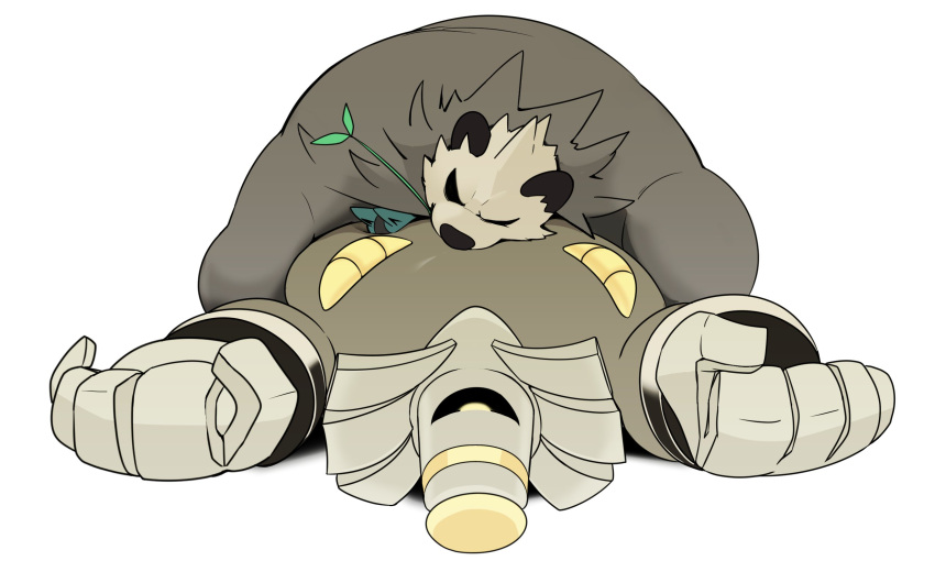 5:3 96_gatefield anthro arms_around_partner arms_out belly belly_bed belly_press belly_squish between_bellies big_belly dusknoir generation_4_pokemon generation_6_pokemon group hi_res hug leaf lying male male/male nintendo on_front on_top on_top_of overweight overweight_anthro overweight_male pangoro pinned pinned_to_ground pokemon pokemon_(species) squish