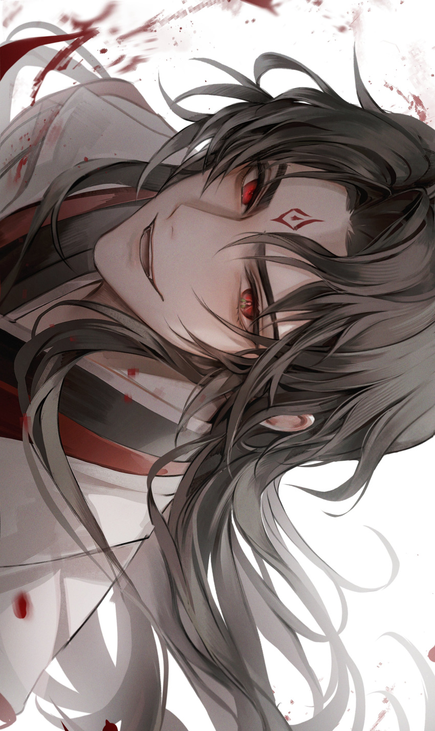 1boy absurdres black_hair black_robe chinese_clothes facial_mark forehead_mark highres long_hair luo_binghe male_focus parted_bangs red_eyes renzha_fanpai_zijiu_xitong robe shen_qingqiu simple_background smile very_long_hair white_background white_robe young57440489 zuiyin