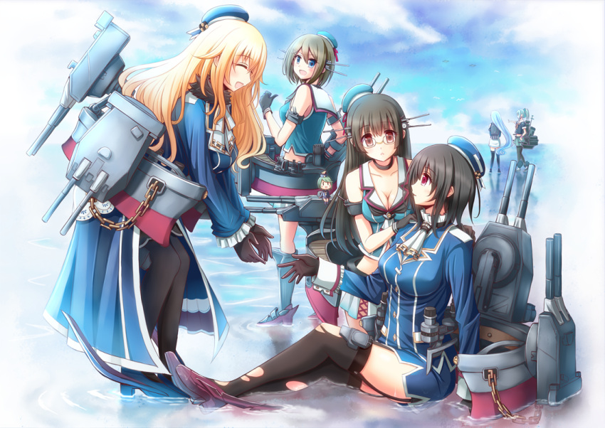 20.3cm_twin_gun_mount 6+girls :d ^_^ afloat akisame_rizu ascot atago_(kancolle) beret black_choker black_hair black_thighhighs blonde_hair blue_eyes blue_hair bow breasts brown_eyes brown_hair chibi choker choukai_(kancolle) cleavage closed_eyes commentary_request fairy_(kancolle) garter_straps green_hair hair_ribbon hairbow hat headgear horizon kantai_collection large_breasts leaning_forward long_hair machinery maya_(kancolle) miniskirt multiple_girls ocean open_mouth pantyhose pleated_skirt pointing ponytail red_eyes revision ribbon rigging samidare_(kancolle) school_uniform serafuku short_hair sitting skirt smile standing standing_on_liquid takao_(kancolle) thighhighs torn_clothes turret very_long_hair yuubari_(kancolle)