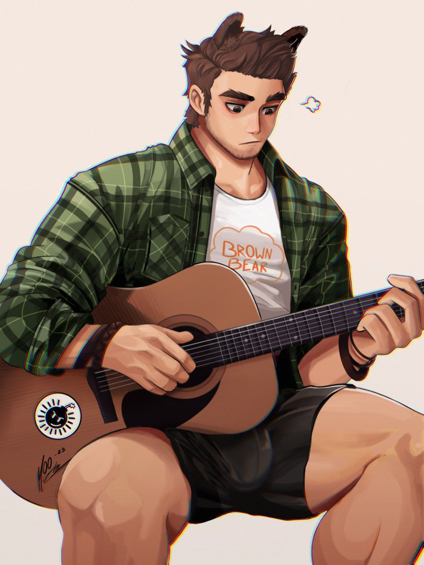 1boy animal_ears bara beard_stubble black_shorts brown_hair bulge chris_(moo_fino) collared_shirt dog_ears facial_hair feet_out_of_frame forked_eyebrows guitar highres holding holding_guitar holding_instrument instrument invisible_chair kemonomimi_mode long_sideburns male_focus scott_pilgrim_(series) scott_pilgrim_takes_off shirt short_hair short_shorts shorts sideburns sigh sitting solo sparse_stubble stephen_stills stubble thick_eyebrows thighs toned toned_male