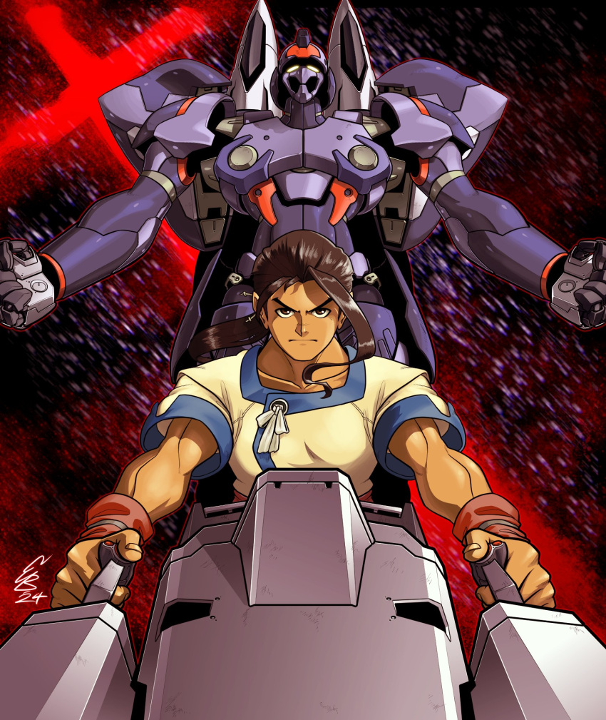 1boy brown_eyes brown_hair cockpit ethandoesathing fei_fong_wong highres long_hair looking_at_viewer male_focus mecha ponytail robot single_hair_intake solo weltall xenogears