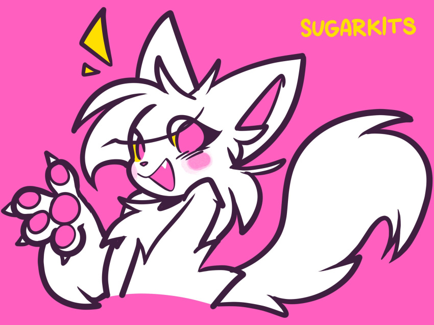 4:3 4_fingers anthro blush claws digital_media_(artwork) domestic_cat felid feline felis female fingers fur happy hi_res magenta_background mammal open_mouth open_smile pawpads purple_eyes signature simple_background smile solo sugar_(sugarkits) sugarkits tail white_body white_fur yellow_sclera