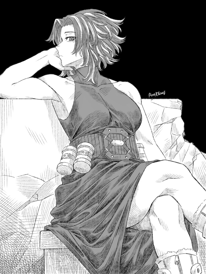 armpits artist_name bare_arms bare_shoulders belt boku_no_hero_academia boots covered_collarbone crossed_legs dress female fur-trimmed_footwear fur_trim greyscale hand_on_own_cheek hand_on_own_face head_rest highres honexstage lady_nagant long_dress looking_at_viewer medium_hair monochrome short_hair sitting sleeveless_turtleneck_dress solo taut_clothes taut_dress utility_belt zipper_footwear