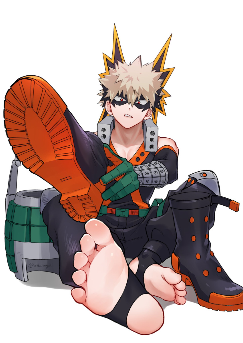 1boy bakugou_katsuki black_bodysuit black_mask blonde_hair bodysuit boku_no_hero_academia boots feet freckles highres looking_at_viewer male_focus red_eyes seoltang_(nitro_sugar) shoes short_hair simple_background solo spiked_hair teeth toes white_background