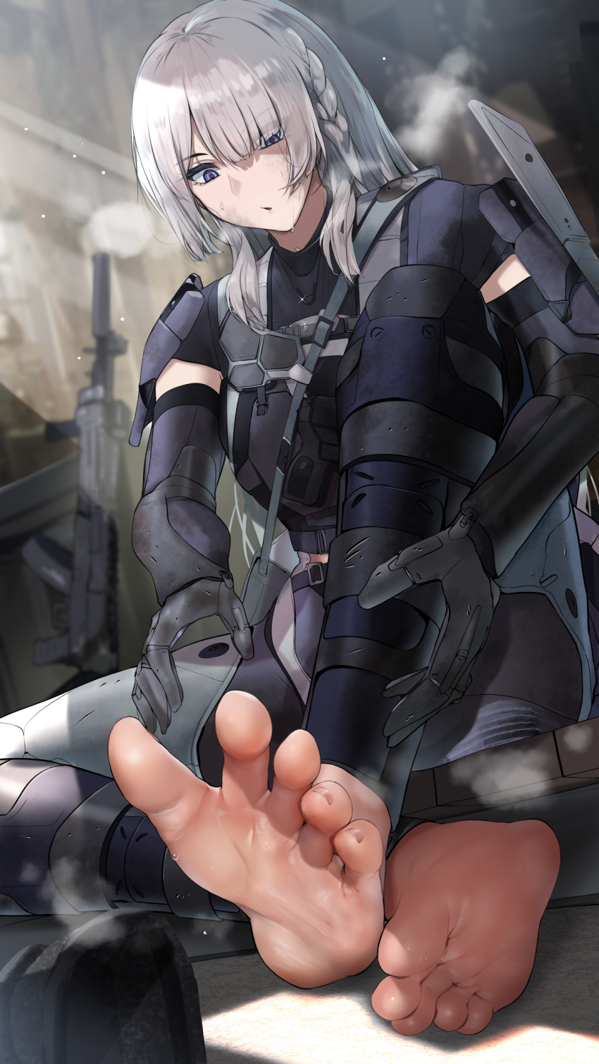 ak-15 ak-15_(girls'_frontline) ak-15_(mod3)_(girls'_frontline) assault_rifle blurry braid breasts commission depth_of_field dirt feet female foot_focus full_body girls'_frontline gloves gun hair_over_one_eye highres indoors kalashnikov_rifle long_hair looking_down medium_breasts nonohachi optical_sight parted_lips pixiv_commission purple_eyes rifle soles solo steaming_body suppressor sweat tactical_clothes toenails toes vertical_foregrip weapon white_hair