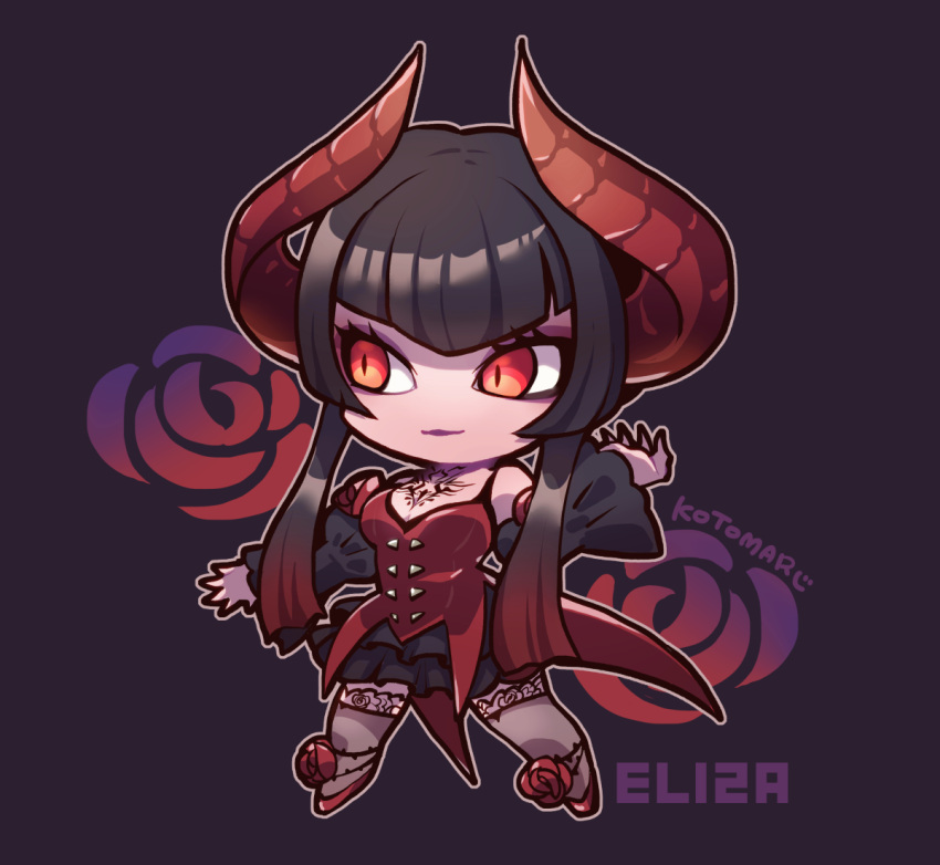 black_hair blunt_bangs breasts character_name chest_tattoo chibi claws cleavage closed_mouth demon_horns demon_tail detached_sleeves eliza_(tekken) female flower footwear_flower full_body grey_thighhighs horns kotorai looking_to_the_side red_eyes red_flower red_horns red_rose red_shirt red_tail rose shirt signature slit_pupils solo tail tattoo tekken thighhighs