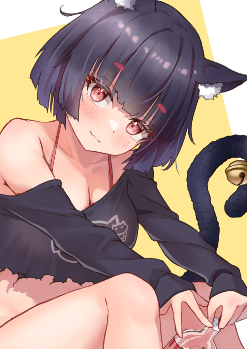 absurdres animal_ears ass azur_lane bare_shoulders bell belt black_hair black_shirt black_shorts blunt_bangs breasts cat_ears cat_girl cat_tail classic_(zildjian33) cleavage cola collarbone commentary_request denim denim_shorts eyes_visible_through_hair female head_tilt highres long_sleeves looking_at_viewer midriff official_alternate_costume panties panty_peek red_eyes revision shirt short_hair short_shorts shorts sidelocks simple_background sitting smile soda_bottle solo spaghetti_strap tail tail_bell tail_ornament thick_eyebrows two-tone_background underwear yamashiro_(azur_lane) yamashiro_(vacation_offensive!)_(azur_lane)