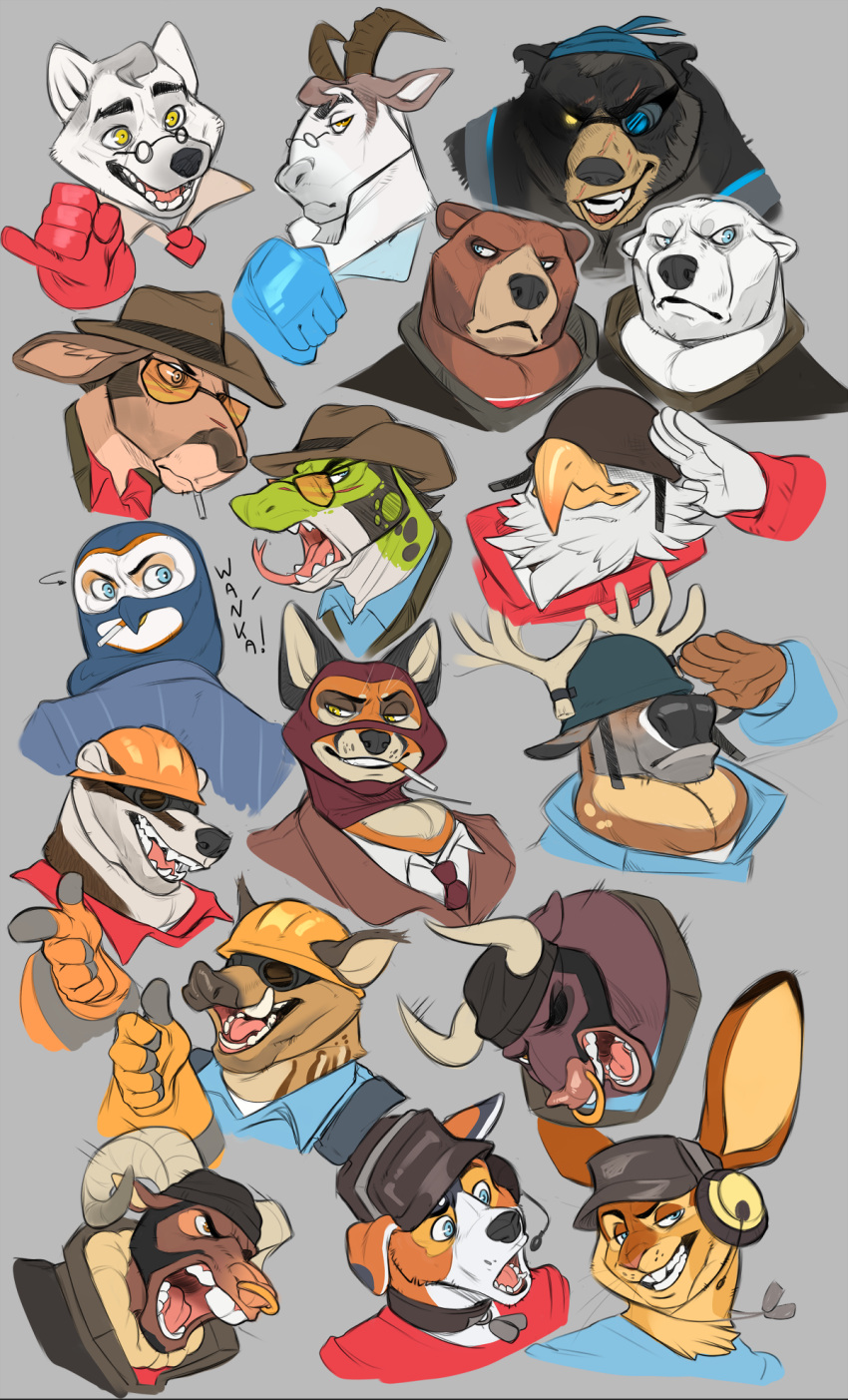 accipitrid accipitriform alternate_species anthro avian badger bald_eagle bear bird bovid bovid_horn bovine brown_body canid canine canis caprine caprine_horn cattle cigarette clothed clothing compatriot_(team_fortress_2) deer demoman_(team_fortress_2) digital_media_(artwork) domestic_dog eagle engineer_(team_fortress_2) english_text eye_patch eyewear fox fur furrification goat group hair hare hat headgear headshot_portrait headwear heavy_(team_fortress_2) hi_res horn hybrid iguana iguanid kangaroo lagomorph leporid lizard macropod male mammal marsupial mask medic_(team_fortress_2) mustelid musteline open_mouth polar_bear portrait rabbit ram_horn reptile scalie scout_(team_fortress_2) sea_eagle sheep simple_background sindenbock smoke smoking sniper_(team_fortress_2) soldier_(team_fortress_2) spy_(team_fortress_2) suid suina sun_bear sus_(pig) team_fortress_2 teeth text ursine valve white_body wild_boar wolf