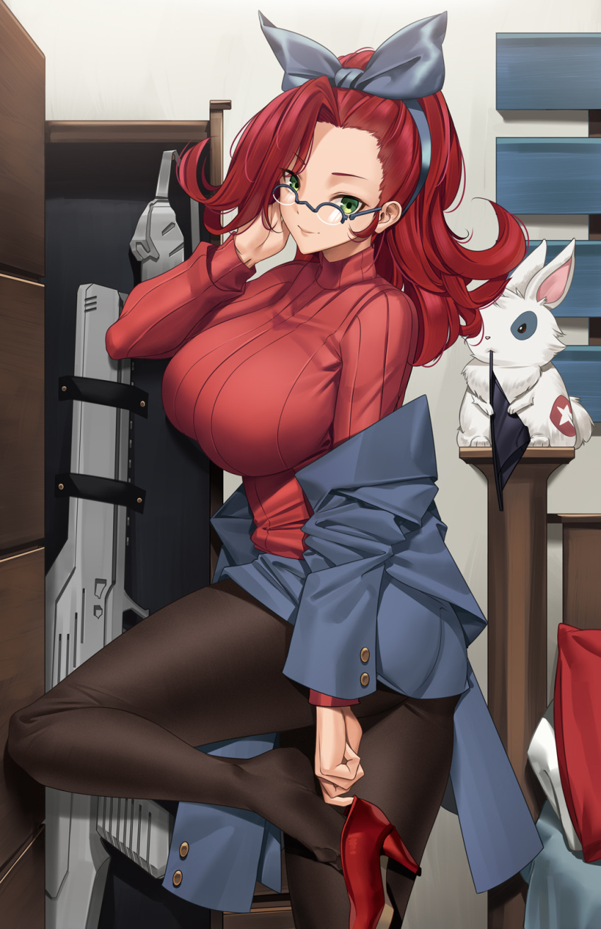 bed black_hops black_panties black_pantyhose breasts female glasses green_eyes grey_jacket grey_ribbon gun hair_ribbon high_heels highres jacket large_breasts long_hair panties pantyhose penelope_freling pillow rabbit red_footwear red_hair red_sweater ribbed_sweater ribbon semi-rimless_eyewear solo sweater thighs tony_guisado underwear unworn_panties weapon