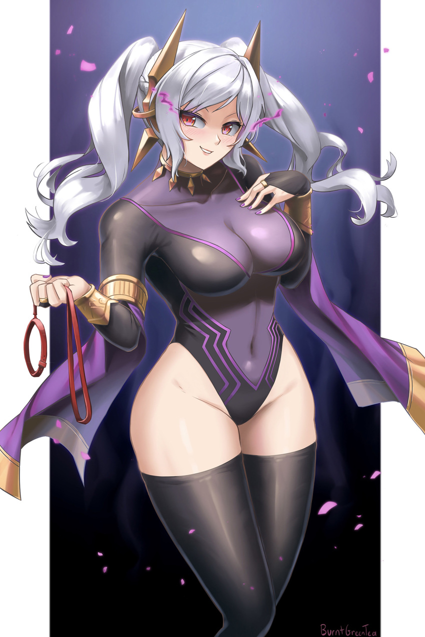 athletic_leotard blush breasts bridal_gauntlets burnt_green_tea cleavage collar dark_persona english_commentary evil_smile female fire_emblem fire_emblem_awakening fire_emblem_cipher fire_emblem_heroes grima_(fire_emblem) hand_on_own_chest highres holding holding_leash large_breasts leash leotard lips long_hair long_sleeves looking_at_viewer magic official_alternate_costume open_mouth purple_nails red_eyes robin_(female)_(fell_tactician)_(fire_emblem) robin_(female)_(fire_emblem) robin_(fire_emblem) simple_background skin_tight smile solo spiked_collar spikes thighhighs thighs twintails white_hair