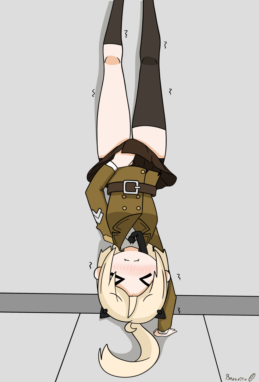 absurdres artist_name baguettemeister belt black_socks black_thighhighs blonde_hair blush brown_belt brown_skirt closed_eyes closed_mouth feet_out_of_frame female girls'_frontline handstand highres lycoris_challenge_(meme) m3_(girls'_frontline) meme military_uniform necktie one_arm_handstand shaking single_sock single_thighhigh skirt skirt_tug socks solo thighhighs uniform