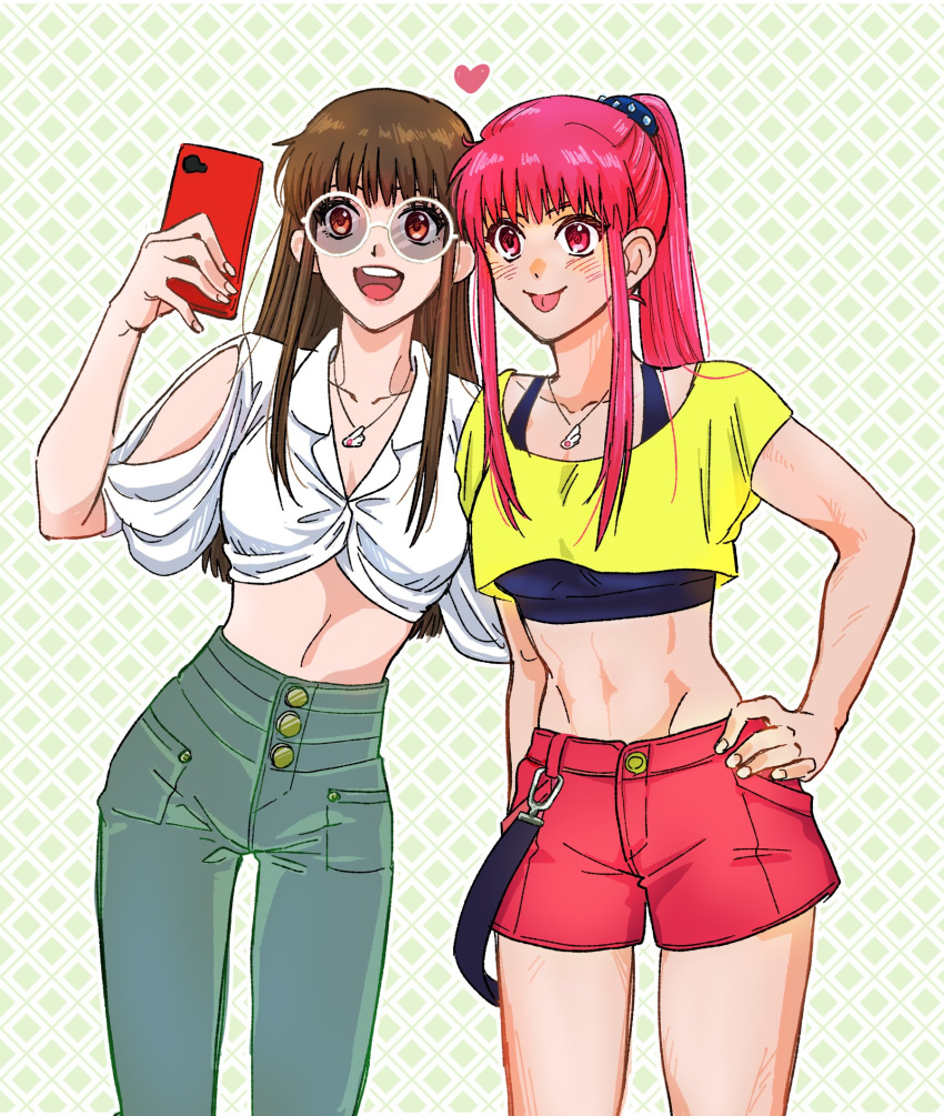 2girls alternate_hairstyle black_sports_bra breasts brown_eyes brown_hair casual commentary_request crop_top cropped_shirt groin hakubi_roka01 high-waist_pants highres jewelry konjiki_no_gash!!_2 medium_breasts midriff multiple_girls necklace open_mouth oumi_megumi pants pink_eyes pink_hair ponytail red_shorts selfie short_shorts shorts sidelocks smile sports_bra tio_(konjiki_no_gash!!) tongue tongue_out