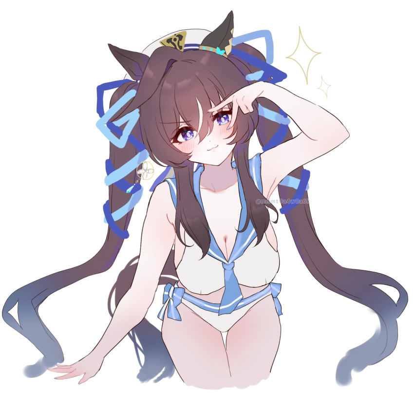 :3 animal_ears blue_ribbon breasts brown_hair ear_covers female hair_between_eyes hair_ribbon highres horse_ears horse_girl large_breasts long_hair looking_at_viewer mmm_(mmm623) multicolored_hair purple_eyes ribbon sailor_swimsuit_(idolmaster) simple_background single_ear_cover solo streaked_hair twintails twitter_username umamusume v vivlos_(umamusume) white_background white_hair white_headwear