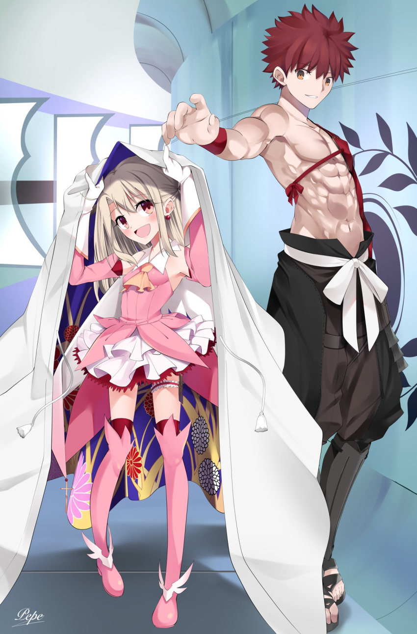 1boy abs armor ascot bare_shoulders black_pants blonde_hair blush boots breasts brown_eyes cape cloak dress earrings elbow_gloves emiya_shirou fate/grand_order fate/kaleid_liner_prisma_illya fate_(series) female gloves highres igote illyasviel_von_einzbern japanese_armor jewelry layered_gloves long_hair open_mouth pants pei_iriya pink_dress pink_footwear pink_gloves prisma_illya red_eyes red_hair senji_muramasa_(fate) short_hair sidelocks single_bare_shoulder skirt small_breasts smile suneate thigh_boots white_cape white_cloak white_gloves white_skirt