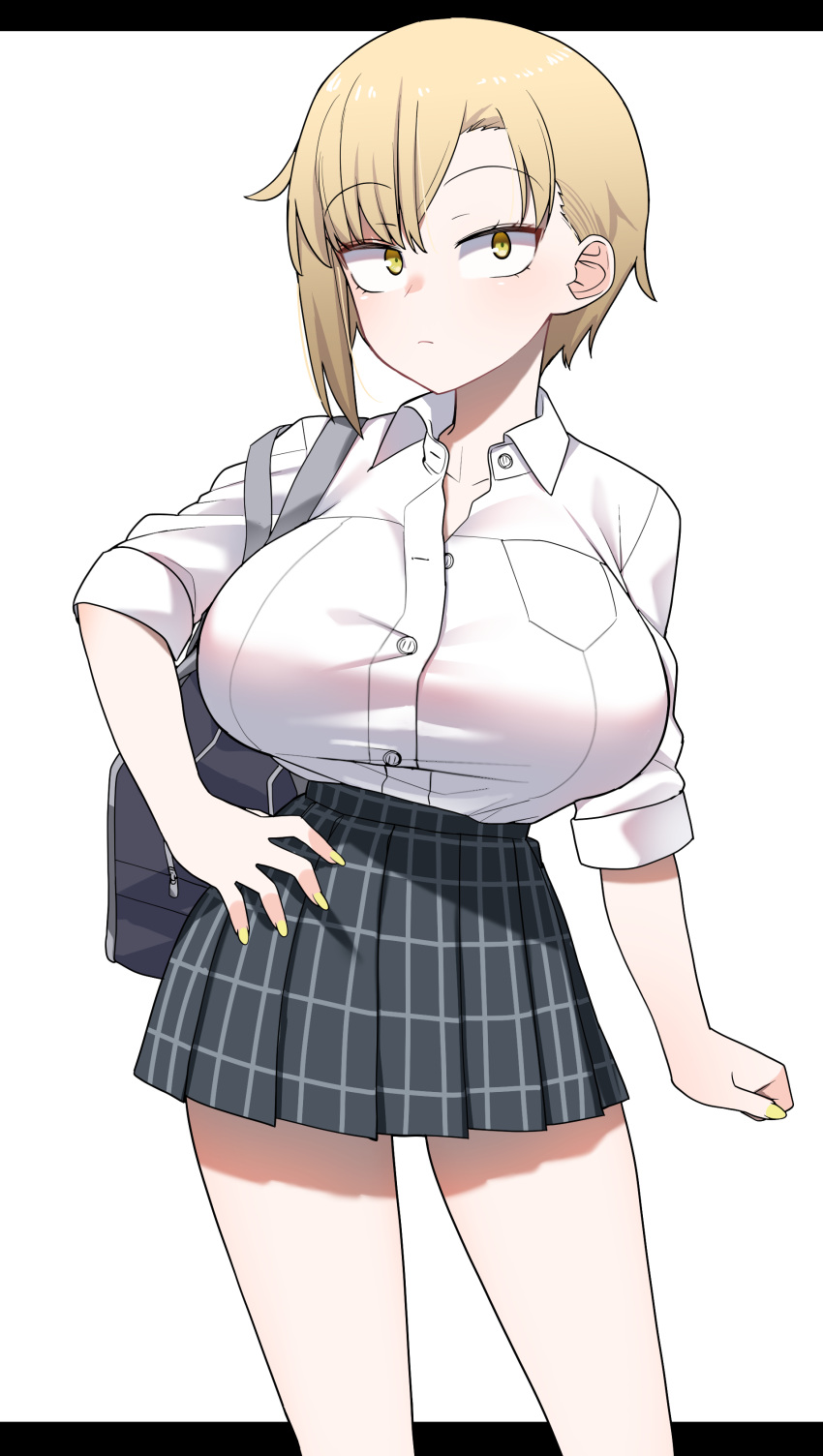 absurdres akitokage bag black_bag black_skirt blonde_hair breasts clenched_hand collarbone collared_shirt female hand_on_own_hip highres large_breasts original partially_unbuttoned plaid plaid_skirt school_bag school_uniform shadow shirt short_hair skirt solo white_background white_shirt yellow_eyes yellow_nails