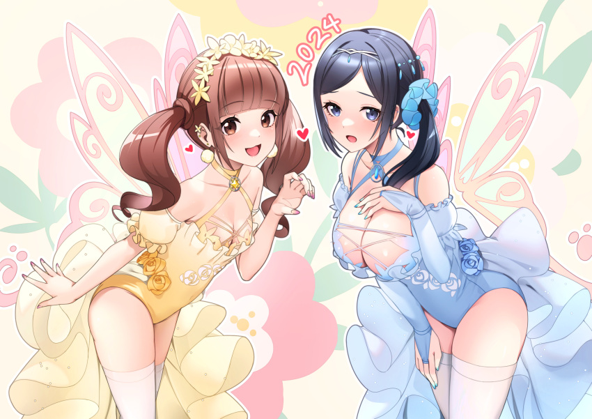 2024 2girls black_hair blue_eyes blue_leotard blush breasts bridal_gauntlets brown_hair butterfly_wings commentary cowboy_shot earrings floral_print gradient_background hairband hand_on_own_chest healin'_good_precure heart highres hiramitsu_hinata insect_wings jewelry large_breasts leotard long_hair multicolored_background multiple_girls open_mouth ponytail precure rumo sawaizumi_chiyu scrunchie showgirl_skirt small_breasts smile strapless strapless_leotard symbol-only_commentary thighhighs twintails white_thighhighs wings yellow_leotard