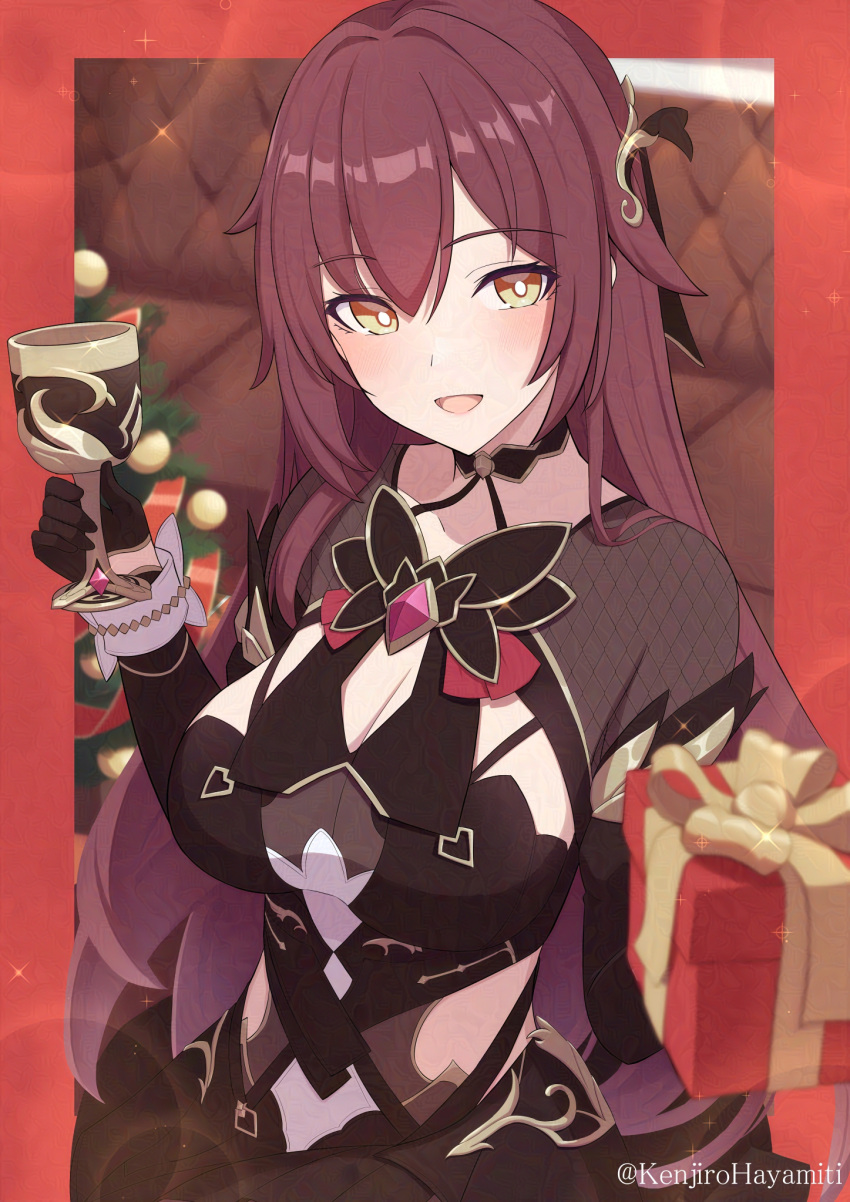 :d black_dress black_gloves border box breasts brown_eyes brown_hair chalice cleavage commentary_request couch cup dress eden_(honkai_impact) female gift gift_box gloves hair_between_eyes half_gloves highres holding holding_cup holding_gift honkai_(series) honkai_impact_3rd kenjirohayamiti large_breasts long_hair looking_at_viewer red_border smile solo twitter_username very_long_hair