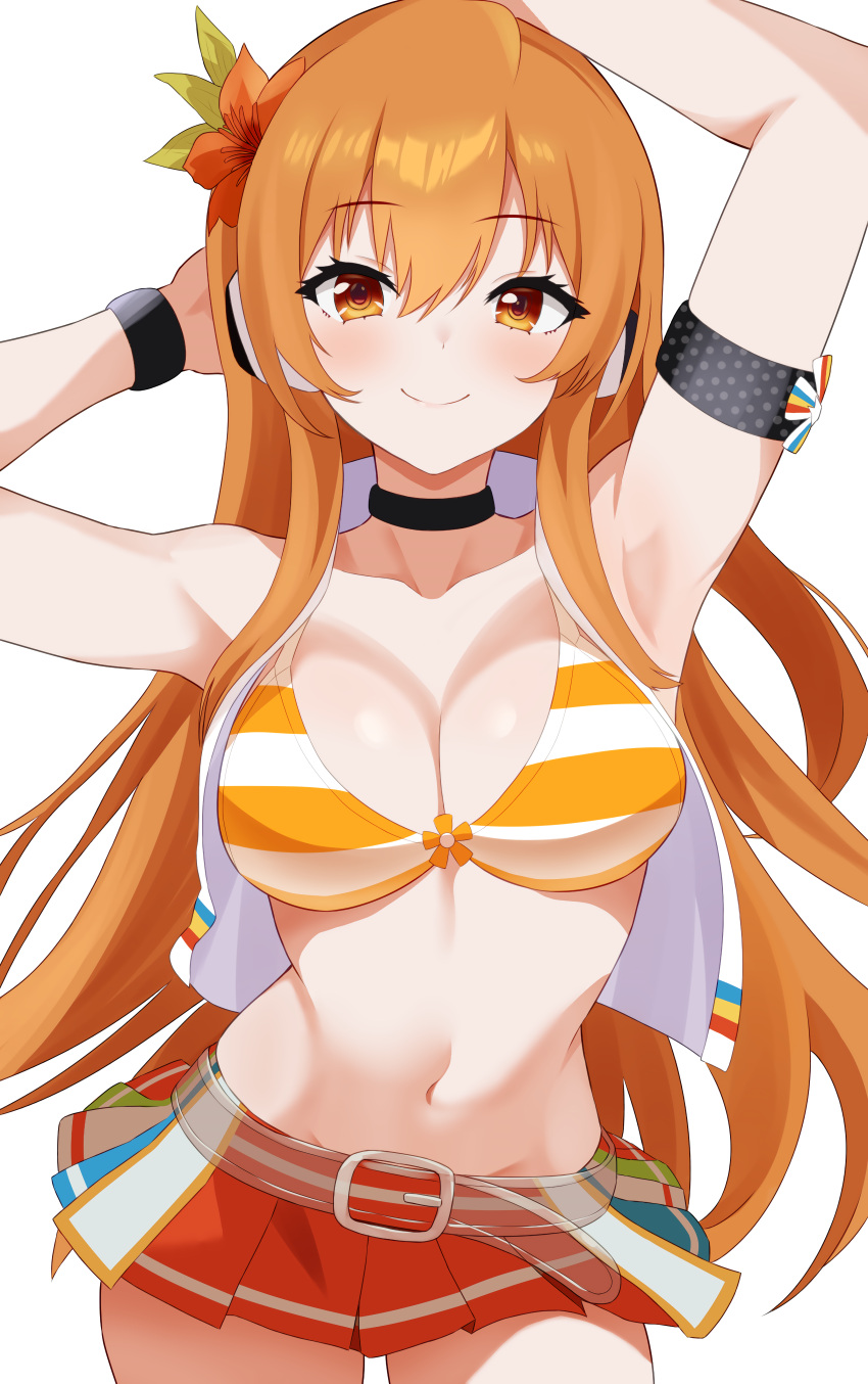 absurdres armpits arms_up beatmania_iidx belt bikini bikini_skirt black_choker breasts choker cleavage female flower hair_flower hair_ornament highres large_breasts long_hair looking_at_viewer navel orange_belt orange_bikini orange_eyes orange_hair pleated_skirt raimu_(clanberry000) simple_background skirt smile solo striped_bikini striped_clothes swimsuit umegiri_iroha white_background