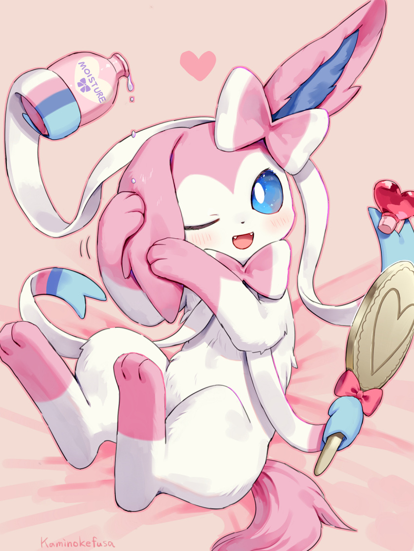 ;d artist_name blue_eyes blush bottle bow bright_pupils commentary_request dripping fangs full_body hair_brush heart highres holding holding_bottle holding_hair_brush kaminokefusa looking_at_viewer lotion lotion_bottle lying no_humans on_back one_eye_closed open_mouth pink_background pink_bow pokemon pokemon_(creature) rubbing_ears simple_background smile solo sylveon white_pupils