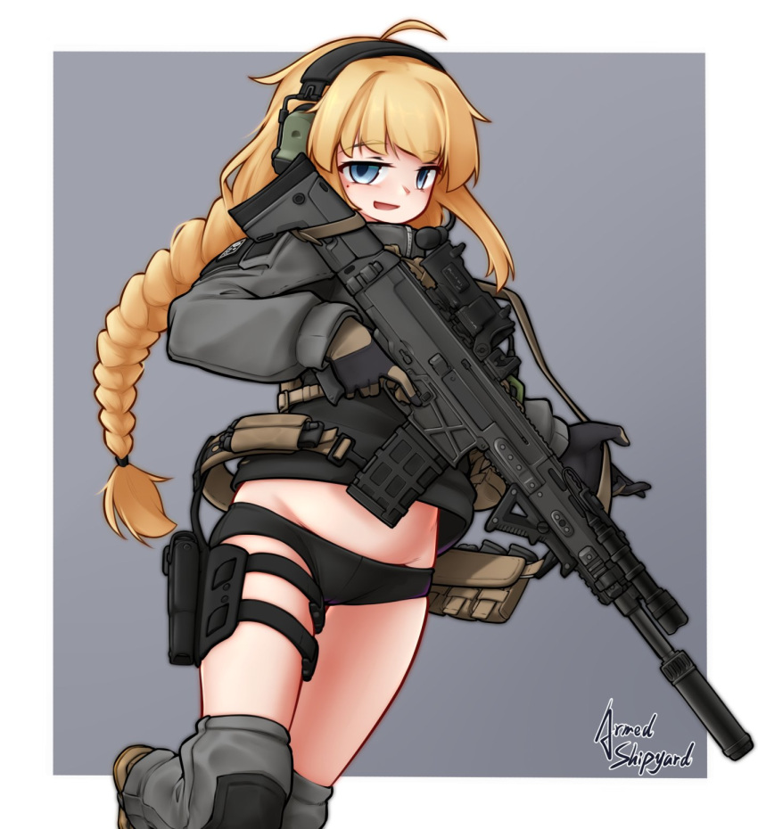 ammunition_pouch armedshipyard bike_shorts blonde_hair blue_eyes braid cz_805_bren female gaiters headset highres holding holding_weapon holster indie_virtual_youtuber long_braid looking_at_viewer midriff mole mole_under_eye pouch signature single_braid smile solo tactical_clothes thigh_holster thighhigh_gaiters thighhighs thighs trigger_discipline virtual_youtuber weapon whiskey_project