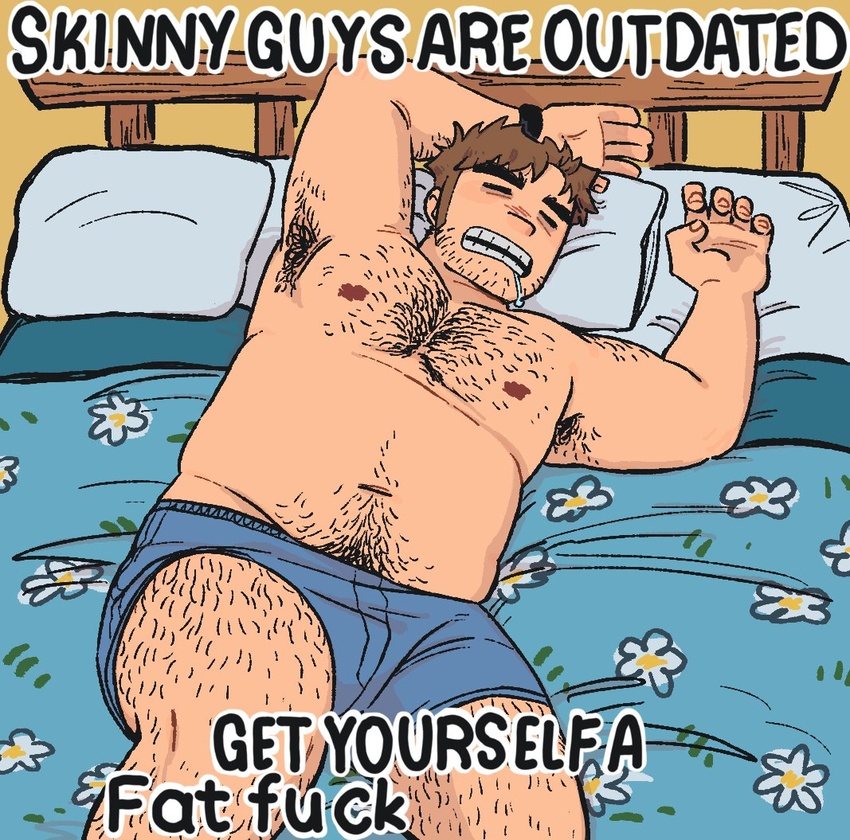 1boy armpit_hair arms_up bara beard_stubble bed belly blue_male_underwear boxers brown_hair drooling english_commentary english_text facial_hair fat fat_man feet_out_of_frame forked_eyebrows get_yourself_a_fat_fuck_(meme) hairy impact_(font) large_pectorals leg_hair long_sideburns lying male_focus male_underwear meme navel_hair null_(mr_not_null) on_back pectorals plump profanity scott_pilgrim_(series) scott_pilgrim_takes_off short_hair sideburns sleeping solo sparse_stubble stephen_stills stomach stubble thick_chest_hair thick_eyebrows topless_male underwear very_hairy