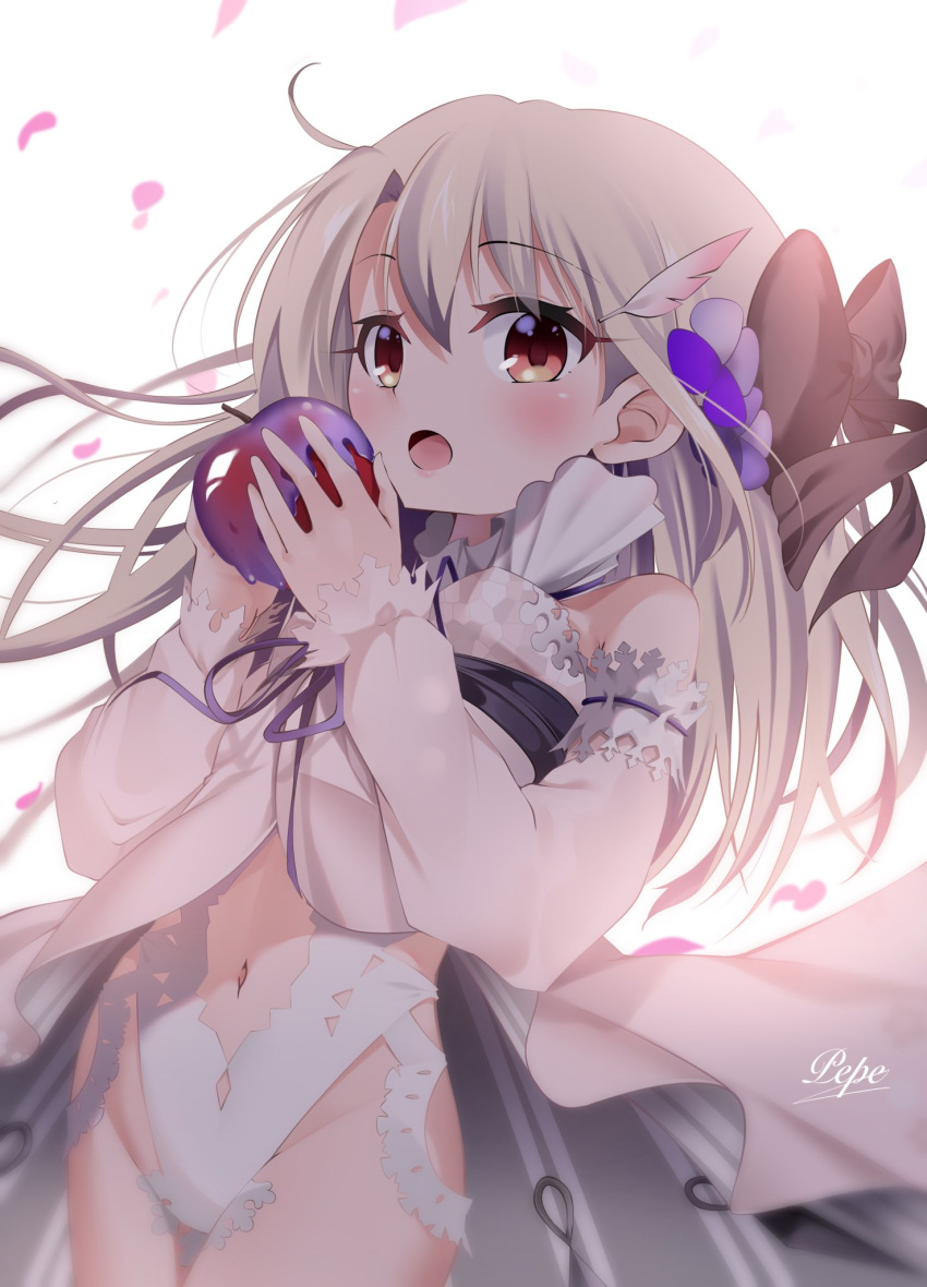 apple bare_shoulders blush breasts center_opening cosplay dress fate/grand_order fate/kaleid_liner_prisma_illya fate_(series) female food fruit hassan_of_serenity_(fate) hassan_of_serenity_(fate)_(cosplay) hassan_of_serenity_(lostroom_outfit)_(fate) highleg highleg_leotard highres illyasviel_von_einzbern leotard long_hair long_sleeves looking_at_viewer navel open_mouth pei_iriya poison_apple red_eyes sidelocks small_breasts solo white_dress white_hair white_leotard