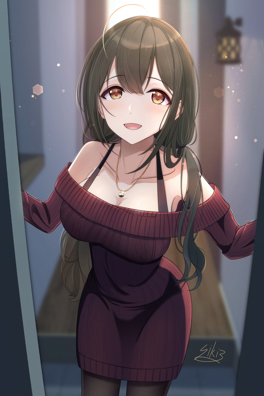 :d absurdres ahoge armpits artist_name bare_shoulders blurry blurry_background blush bokeh bra_strap breasts brown_eyes brown_hair cleavage collarbone commentary_request depth_of_field doorway dress entrance female hair_between_eyes highres idolmaster idolmaster_shiny_colors indoors jewelry kuwayama_chiyuki large_breasts long_hair long_sleeves looking_at_viewer lower_teeth_only necklace off-shoulder_sweater off_shoulder open_mouth opening_door pantyhose pov_doorway red_sweater sconce sikimosh smile solo standing sweater teeth tile_floor tiles very_long_hair wooden_floor