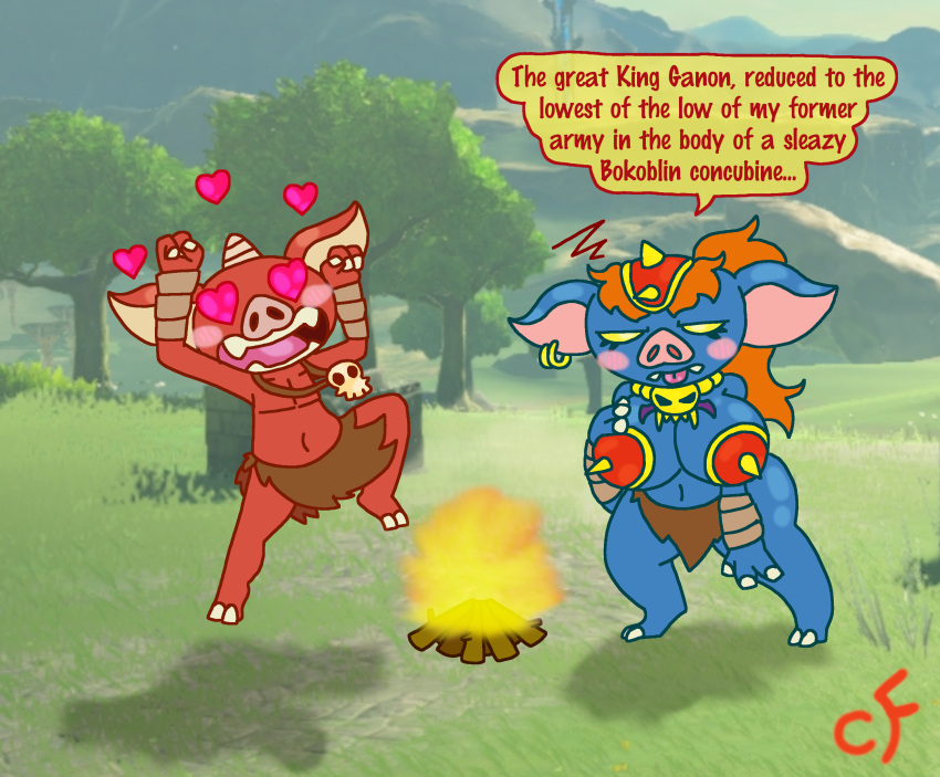 2022 absurd_res after_transformation armor big_breasts bikini_armor blin_(tloz) blue_body blue_skin bokoblin bottomwear breasts chaos-force clothed clothing dancing digital_drawing_(artwork) digital_media_(artwork) domestic_pig duo english_text female fire ganon hair hand_on_breast heart_eyes heart_symbol hi_res humanoid jewelry loincloth male male/female mammal navel necklace nintendo red_body red_hair red_skin red_text rule_63 short_stack speech_bubble suid suina sus_(pig) text the_legend_of_zelda topless tribal unconvincing_armor