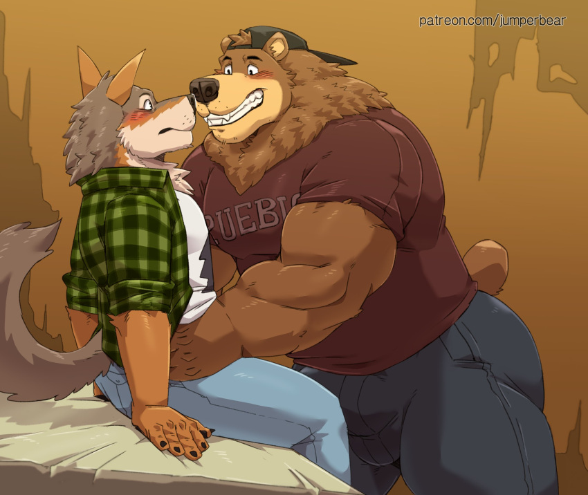 anthro arches_(game) ass backwards_baseball_cap backwards_hat baseball_cap bear bed big_bulge big_muscles blush bottomwear bulge cameron_wilson canid canine canis canon_couple clothed clothing coyote devon_ortega duo echo_(series) echo_project eye_contact fully_clothed furniture hat headgear headwear hi_res holding_partner jumperbear looking_at_another male mammal muscular muscular_anthro muscular_male nose_to_nose on_bed romantic romantic_couple shirt sitting sitting_on_bed smile tail topwear waist_grab