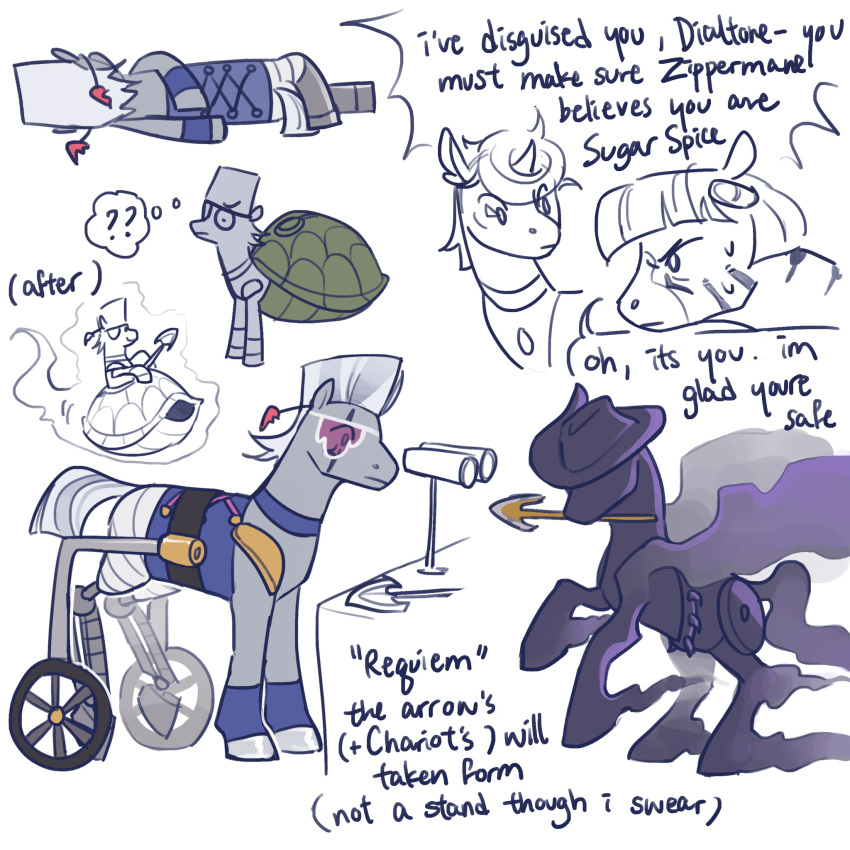 alternate_species ambiguous_gender arrow_(weapon) arthropod bandage bandaged_leg bangs bodily_fluids bruno_bucciarati changeling clothed clothed_feral clothing coco_jumbo disability duo earth_pony equid equine feral friendship_is_magic furgonomics furrification hasbro hi_res horn horse jean_pierre_polnareff jojo's_bizarre_adventure mammal micro my_little_pony ponification pony prosthetic prosthetic_limb ranged_weapon regularcitrus reptile scalie scar smoke solo sweat trish_una turtle unicorn vinegar_doppio weapon zebra