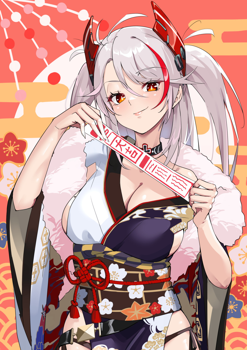 absurdres azur_lane black_choker black_panties breasts choker cleavage closed_mouth cross female hands_up happy_new_year headgear highres holding holding_paper iron_cross japanese_clothes kimono large_breasts lips long_hair looking_at_viewer mole mole_on_breast multicolored_hair nukege_ojisan obi obijime official_alternate_costume orange_eyes panties paper pelvic_curtain prinz_eugen_(azur_lane) prinz_eugen_(profusion_of_flowers)_(azur_lane) red_hair sash side-tie_panties sideless_kimono smile solo streaked_hair swept_bangs textless_version two_side_up underwear upper_body white_hair wide_sleeves