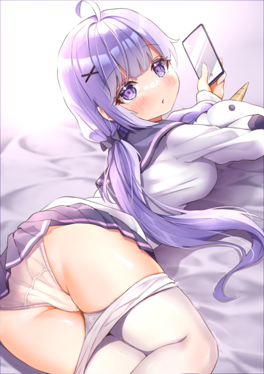 absurdres ahoge ass azur_lane bed_sheet blunt_bangs butt_crack cellphone classic_(zildjian33) clothes_pull commentary female from_behind hair_ornament hair_scrunchie highres holding holding_phone hugging_doll hugging_object long_hair long_sleeves looking_at_viewer looking_back low_twintails lying on_stomach panties pantyhose pantyhose_pull pantyshot phone pleated_skirt purple_eyes purple_hair revision school_uniform scrunchie serafuku sidelocks skirt smartphone smile solo stuffed_animal stuffed_toy stuffed_winged_unicorn twintails twisted_torso underwear unicorn_(azur_lane) unicorn_(long-awaited_date)_(azur_lane) white_panties white_pantyhose x_hair_ornament