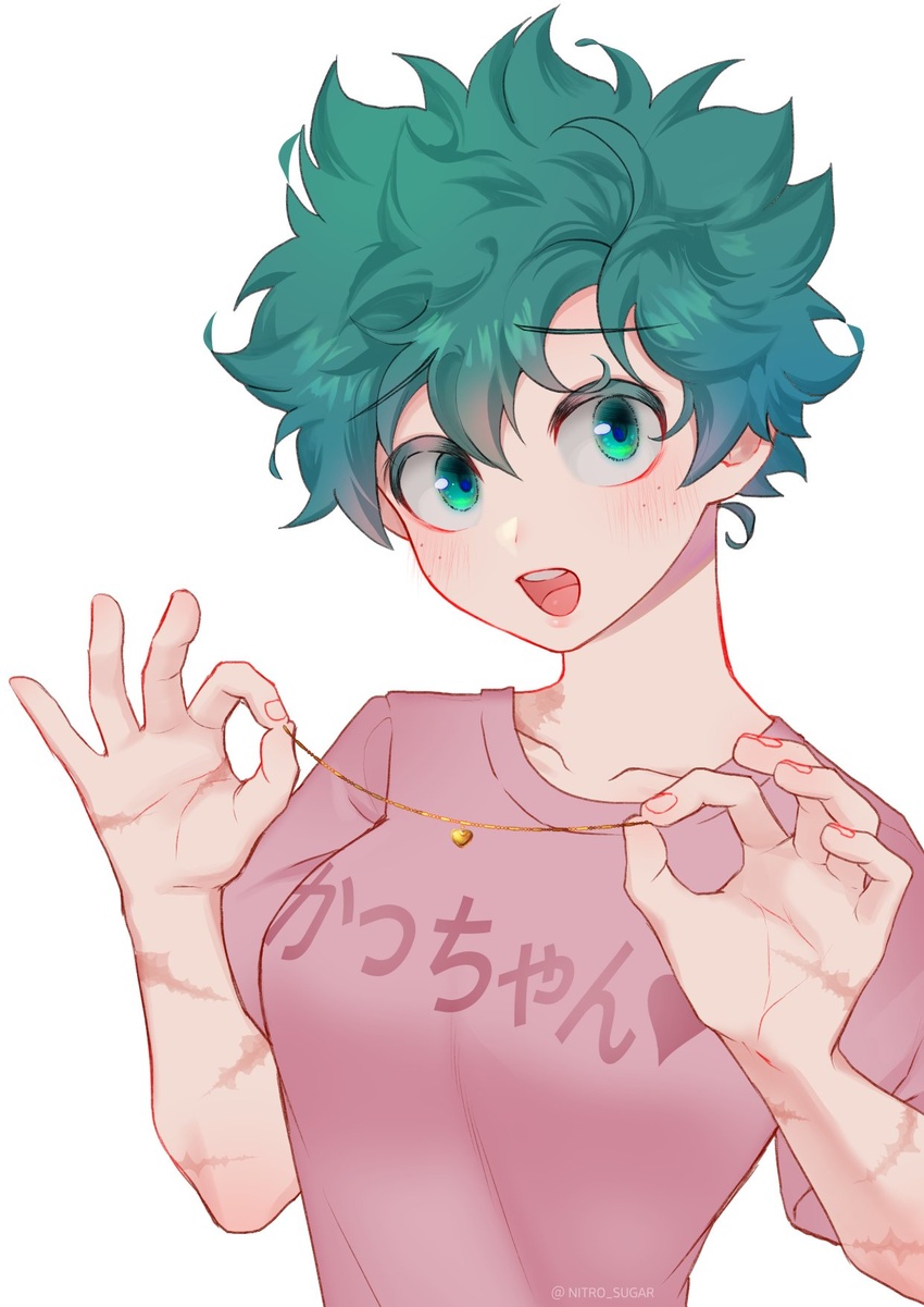 boku_no_hero_academia breasts character_name clothes_writing female genderswap_(mtf) green_eyes green_hair highres holding holding_jewelry holding_necklace jewelry medium_breasts midoriya_izuku necklace open_mouth pink_shirt rule_63 scar scar_on_arm seoltang_(nitro_sugar) shirt short_hair solo t-shirt upper_body