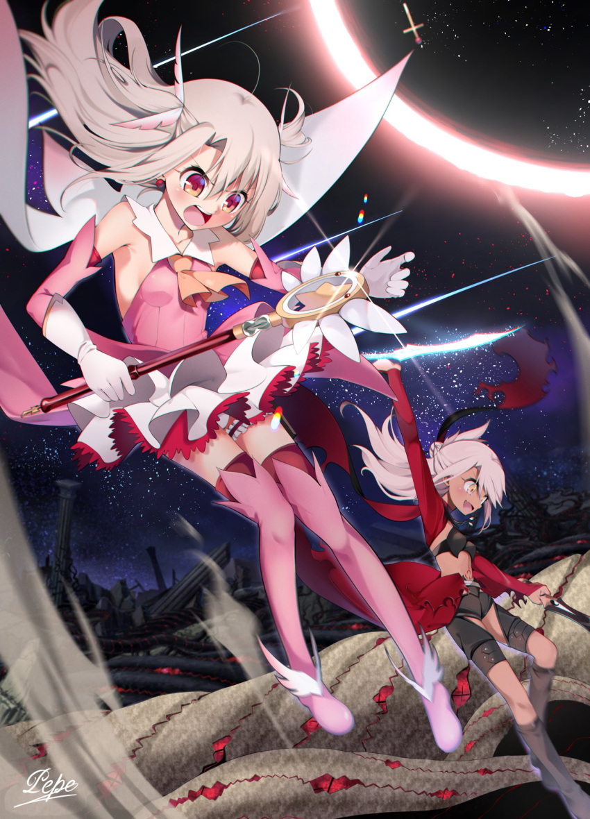 2girls armor ascot bare_shoulders black_panties blush boots breastplate breasts bridal_gauntlets cape chloe_von_einzbern dark-skinned_female dark_skin demon_pillar_(fate) dress earrings elbow_gloves fate/grand_order fate/kaleid_liner_prisma_illya fate_(series) feather_hair_ornament feathers gloves hair_bun hair_ornament hairpin half_updo highres illyasviel_von_einzbern jewelry kaleidostick kanshou_&_bakuya_(fate) knee_boots layered_gloves long_hair long_sleeves magical_ruby multiple_girls night night_sky open_mouth orange_eyes panties pei_iriya pink_dress pink_footwear pink_gloves pink_hair prisma_illya red_cape red_eyes showgirl_skirt shrug_(clothing) sidelocks skirt sky small_breasts smile stomach_tattoo sword tattoo thigh_boots two_side_up underwear wand weapon white_cape white_gloves white_hair white_skirt