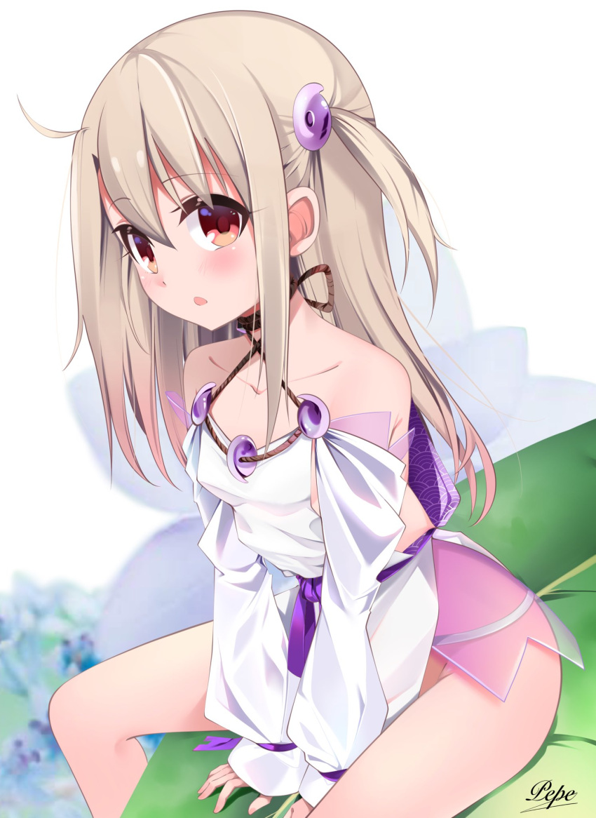 bare_shoulders blonde_hair blush breasts collarbone cosplay dress fate/grand_order fate/kaleid_liner_prisma_illya fate/requiem fate_(series) female highres illyasviel_von_einzbern jewelry long_hair long_sleeves looking_at_viewer magatama magatama_hair_ornament magatama_necklace necklace open_mouth pei_iriya pelvic_curtain puffy_long_sleeves puffy_sleeves purple_ribbon red_eyes ribbon seigaiha short_dress sideless_outfit sidelocks sitting small_breasts solo utsumi_erice utsumi_erice_(cosplay) white_dress