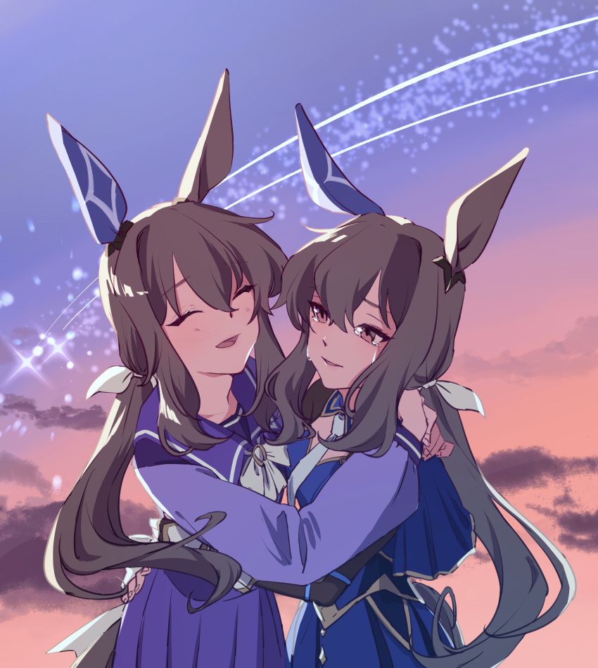 2girls admire_vega's_twin_sister_(umamusume) admire_vega_(umamusume) animal_ears barefoot biwa3333 blue_skirt brown_hair closed_eyes cloud hair_between_eyes highres horse_ears horse_girl horse_tail hug long_hair long_sleeves multiple_girls open_mouth outdoors ponytail ribbon sailor_collar school_uniform shooting_star siblings skirt sky smile star_(sky) tail tracen_school_uniform umamusume umamusume:_road_to_the_top upper_body very_long_hair