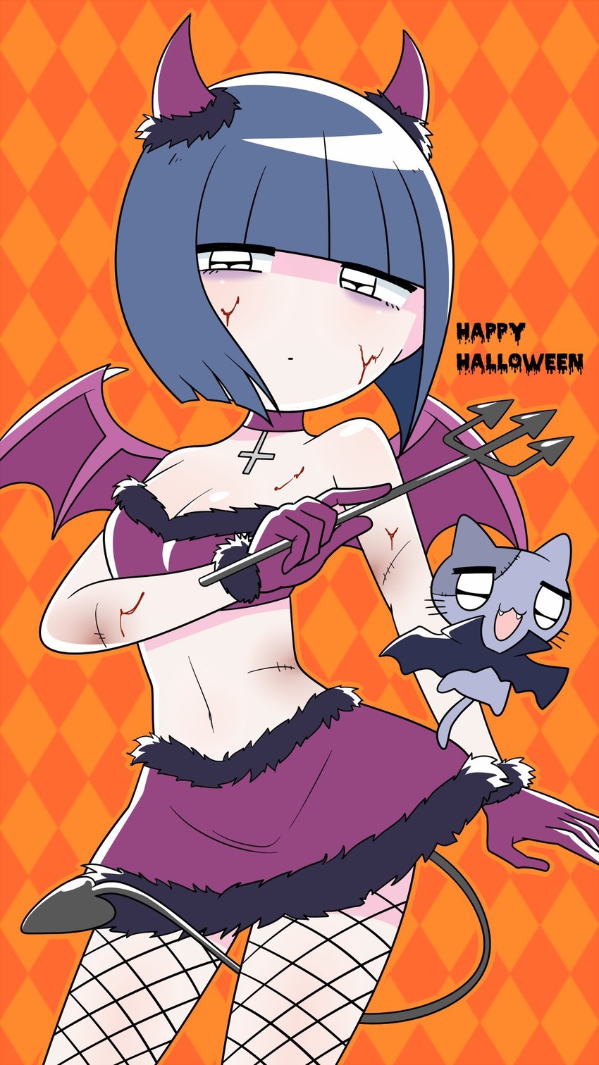 animal argyle_background bikini black_cape black_eyes black_tail blood blood_on_arm blood_on_chest blood_on_face blunt_bangs bob_cut breasts cape cleavage closed_mouth collar cross cross_necklace demon_horns demon_tail demon_wings english_text eyeshadow ezaki_bisuko fangs feline female fishnets fur-trimmed_bikini fur-trimmed_gloves fur-trimmed_skirt fur_trim gloves halloween happy_halloween highres holding_trident horns inverted_cross jewelry jitome large_breasts looking_at_viewer makeup menhera-chan_(ezaki_bisuko) navel necklace nekotan_(ezaki_bisuko) official_art orange_background orange_outline polearm purple_bikini purple_collar purple_eyeshadow purple_gloves purple_skirt purple_wings sabukaru-chan_(ezaki_bisuko) short_hair skirt solo stitched_face stitches strapless strapless_bikini swimsuit tail trident weapon wind wings