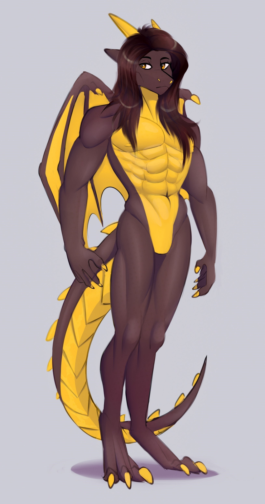 2_horns absurd_res anthro brown_body copyright domertizz dragon hair hi_res horn jeremy_(vendexant) male muscular muscular_anthro mythological_creature mythological_scalie mythology scalie solo tail yellow_horn