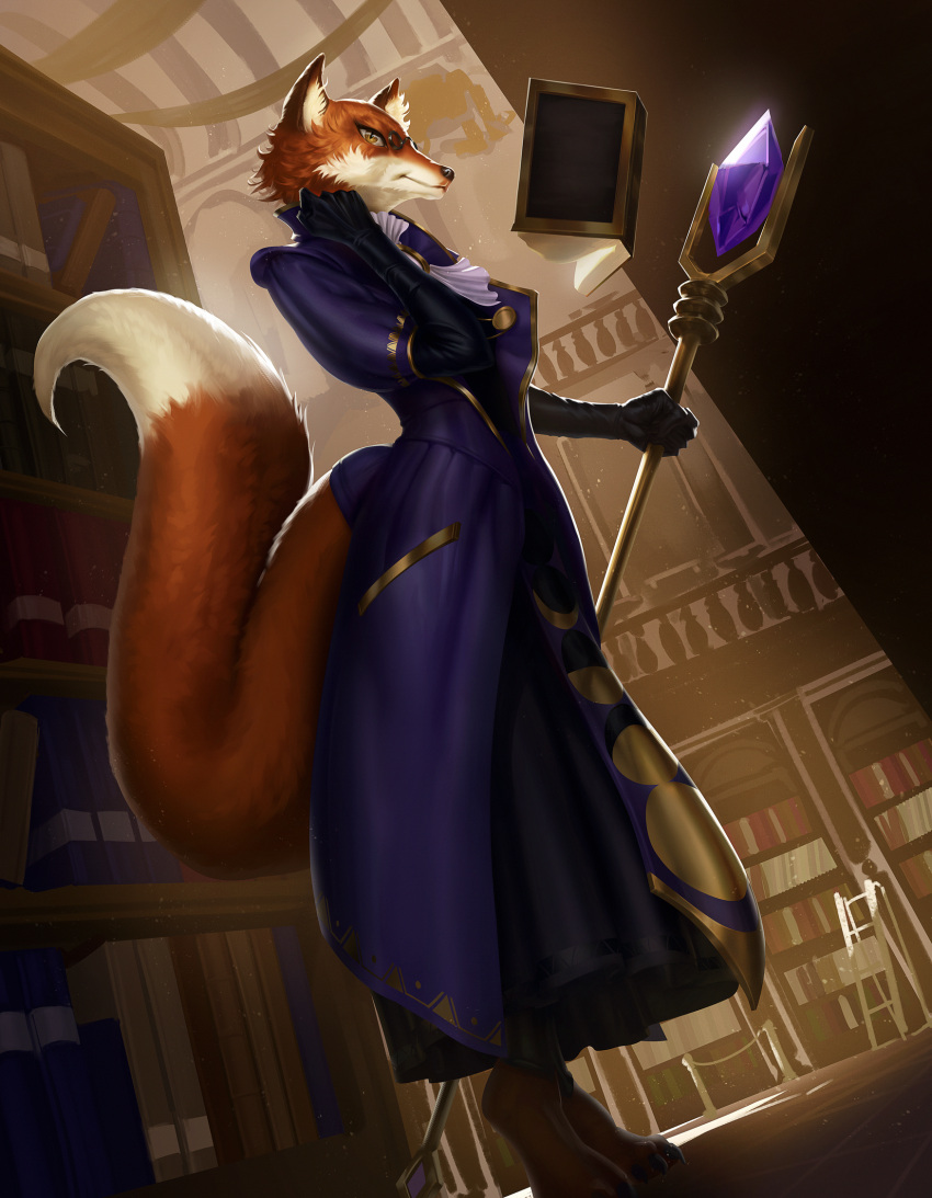 anthro arcanaloth_(dnd) book canid canine clothed clothing crystal detailed_background digital_media_(artwork) digital_painting_(artwork) digitigrade dungeons_and_dragons eyewear female fox fur glasses gloves handwear hasbro hi_res library looking_at_viewer lukavminaev magic_staff mammal orange_body orange_fur purple_clothing robe solo staff tail white_body white_fur wizards_of_the_coast yellow_eyes