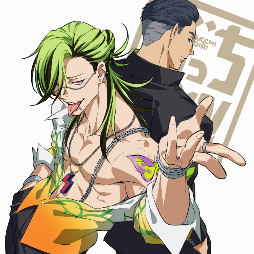 2boys abs bracelet bucchigiri?! butterfly_tattoo chain_necklace chains collarbone copyright_name ear_piercing gakuran green_hair hair_bun half_updo highres jewelry jin_marito long_hair looking_at_another male_focus mouth_piercing multicolored_hair multiple_boys multiple_piercings necklace off_shoulder outa_tahide piercing pink_eyes school_uniform spiked_ear_piercing streaked_hair talgi tattoo toned toned_male tongue tongue_out undercut