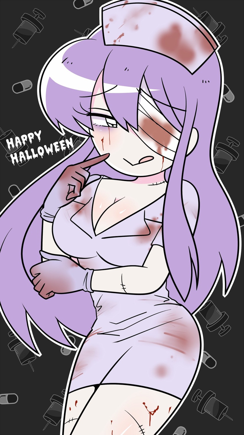 :p bandage_over_one_eye black_eyes black_hair blood blood_on_clothes blood_on_face blood_on_leg blood_stain breasts cleavage english_text ezaki_bisuko female gloves hair_between_eyes halloween halloween_costume hand_on_own_arm happy_halloween hat highres large_breasts long_hair menhera-chan_(ezaki_bisuko) nurse nurse_cap official_art outline patterned_background pill pointing pointing_at_self purple_hair seductive_smile smile solo stain stitches syringe tongue tongue_out white_outline yumekawa-chan_(ezaki_bisuko)