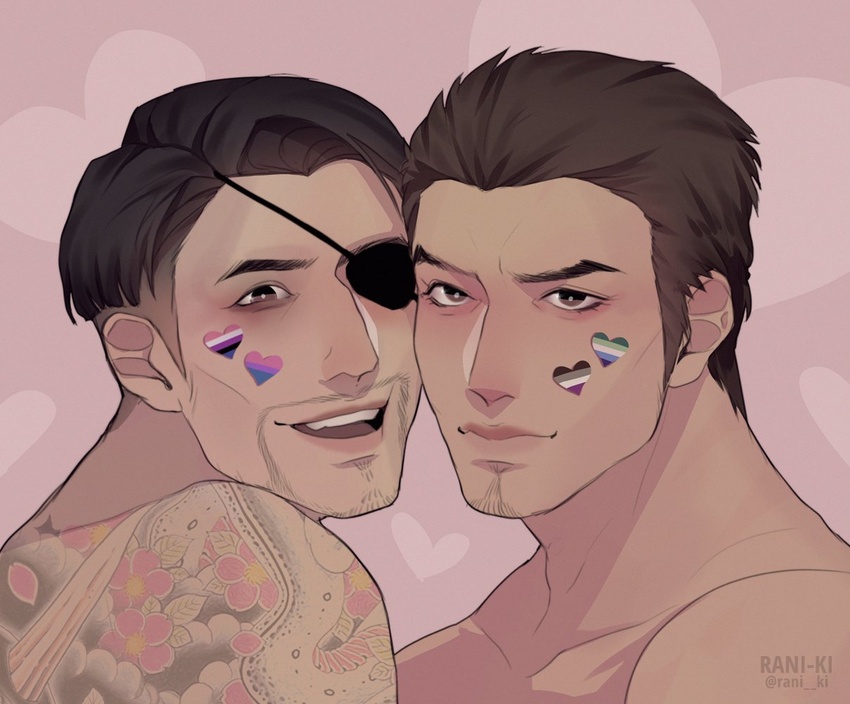 2boys asexual_flag bara bisexual_flag brown_hair cheek-to-cheek eyepatch facial_hair facial_mark gay_male_pride_flag genderfluid_flag goatee heads_together heart heart_facial_mark kiryu_kazuma lgbt_pride long_sideburns looking_at_viewer majima_goro male_focus mature_male multiple_boys nude portrait rani_ki ryuu_ga_gotoku_(series) short_hair sideburns sideburns_stubble stubble thick_eyebrows yaoi