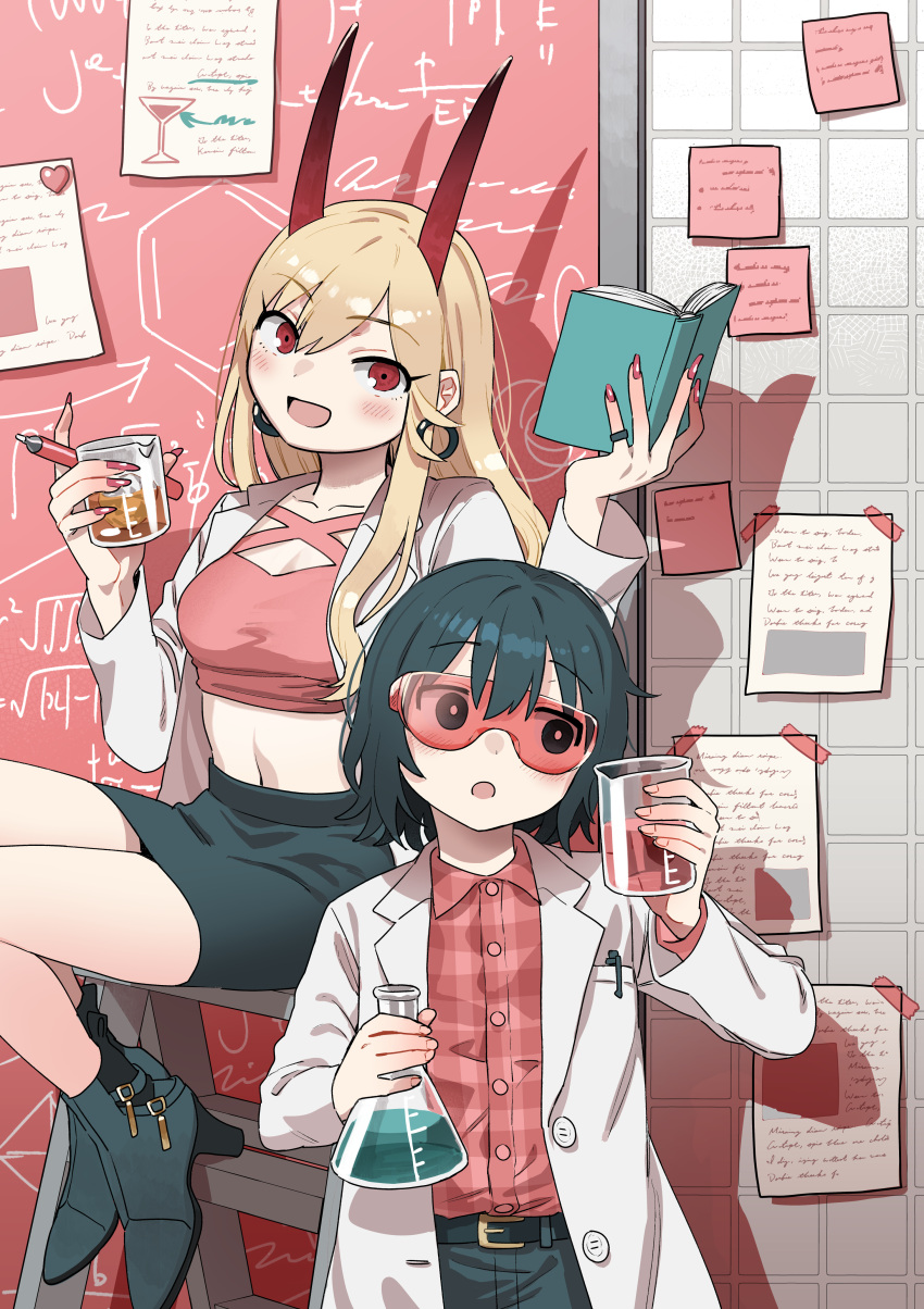 2girls absurdres alcohol_and_ogre-girls beaker black_footwear black_hair black_skirt blonde_hair blush book buttons coat commentary_request cowboy_shot demon_girl demon_horns dress_shirt earrings erlenmeyer_flask flask high_heels highres holding holding_beaker holding_book holding_flask holding_pen hoop_earrings horns ibuki_hinata jewelry knees_out_of_frame lab_coat long_sleeves looking_at_viewer math medium_hair midriff miniskirt multiple_girls nail_polish open_book open_clothes open_coat open_mouth pen pencil_skirt red-tinted_eyewear red_eyes red_nails red_shirt safety_glasses science shida_naori shirt sitting skirt smile standing sticky_note tinted_eyewear white_coat zinbei