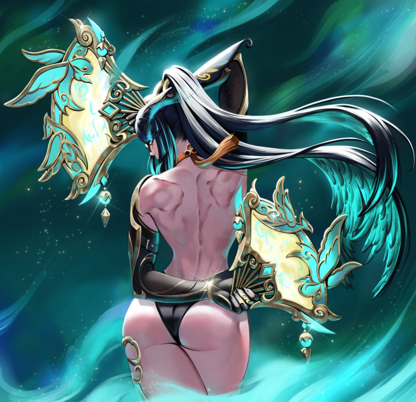 aqua_hair ass bare_back black_hair cloud_retainer_(genshin_impact) colored_inner_hair commentary commentary_request cowboy_shot female folding_fan genshin_impact hand_fan highres holding holding_fan lunart multicolored_hair solo standing streaked_hair thighs xianyun_(genshin_impact)