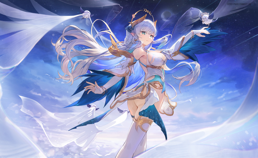 ass bare_shoulders bird blue_eyes blue_feathers bracelet braid breasts bridal_gauntlets dress feather-trimmed_sleeves feathers female gold_bracelet gold_trim grey_hair halo hansum highres hikanari_hina jewelry large_breasts long_hair official_art phase_connect pointy_ears solo thighhighs virtual_youtuber white_bridal_gauntlets white_dress white_thighhighs wing_hair_ornament